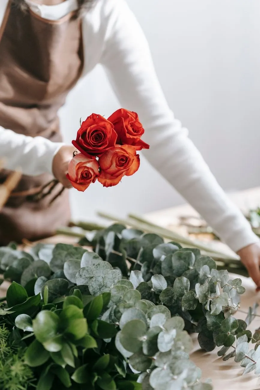 Red roses gathered over a bed of eucalyptus