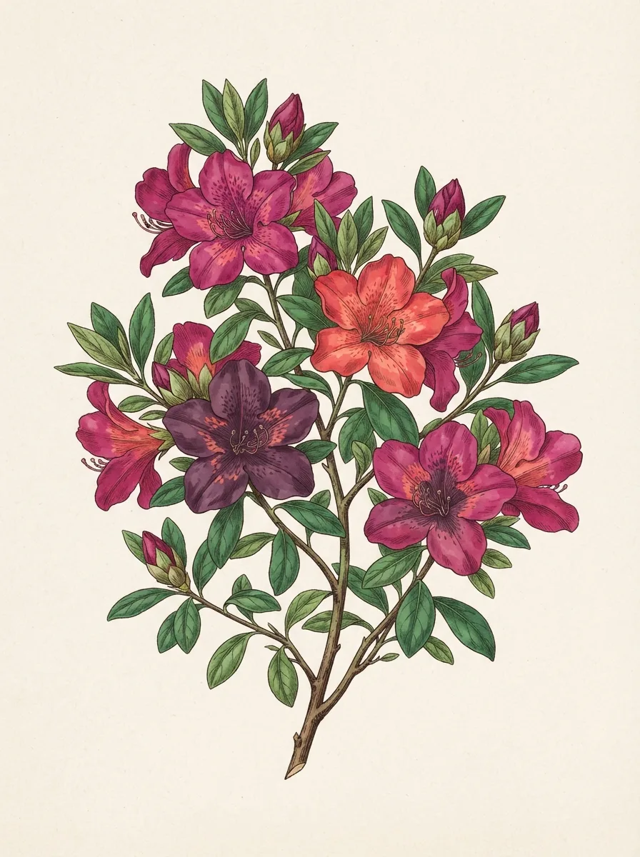 A colour botanical plate of a flowering branch — magenta and coral blooms with leaf-green foliage